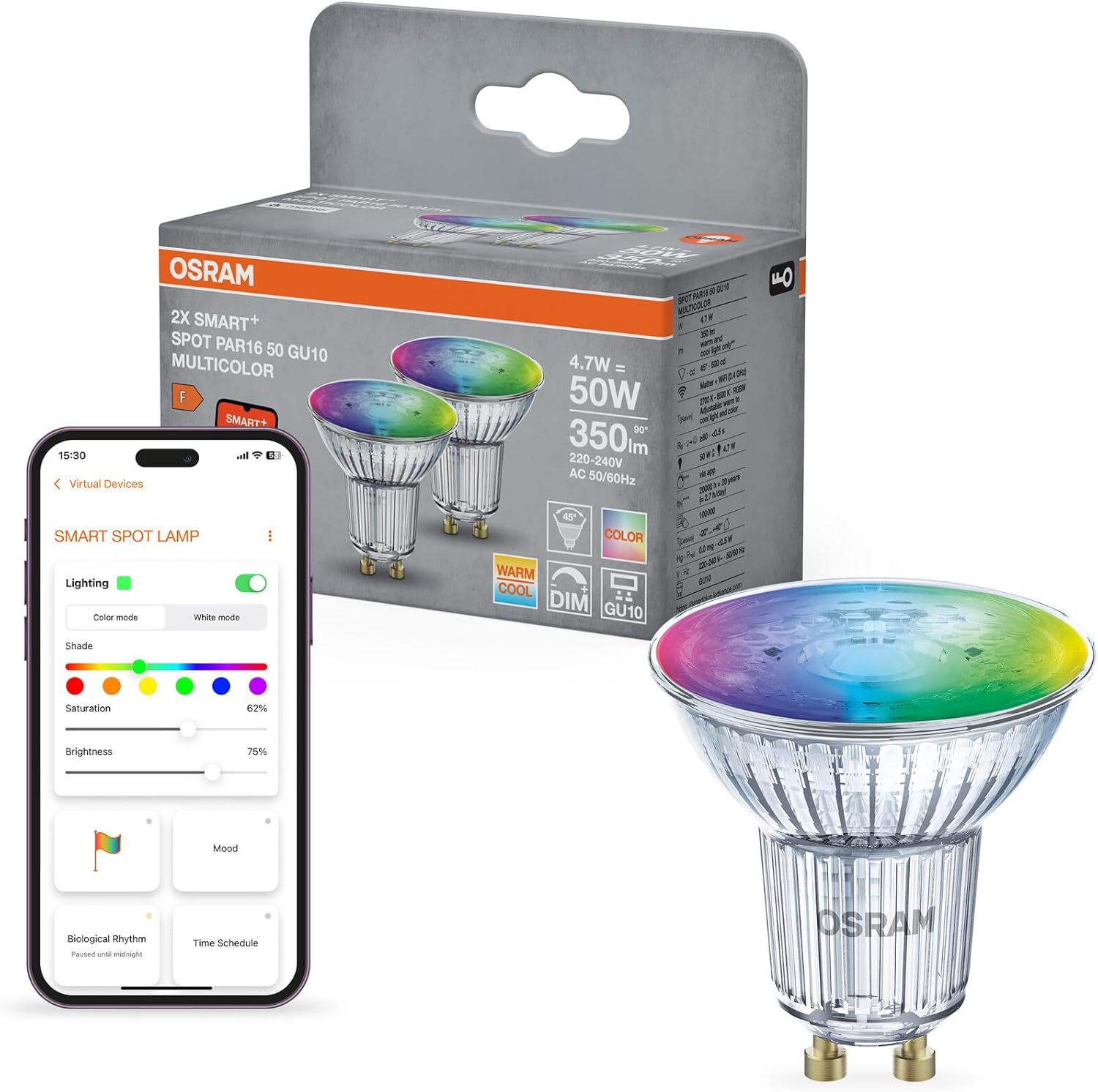 Osram SMART+ RGB PAR15 Reflector Lamp with Matte Over WiFi Value Pack of 2 GU10 5W 16 Million RGB Colours Warm White Daylight White (2700-6500K) Works with Alexa Google and Apple Pack of 2