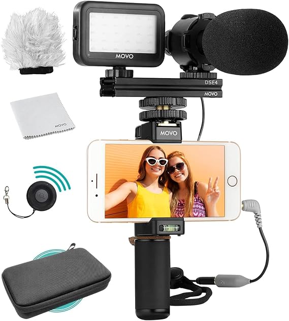 Movo Vlog Kit V7 - YouTube Starter Kit with Grip, Stereo Microphone, Light and Wireless Remote Vlogging Kit for iPhone, Android - iPhone Vlogging Kit