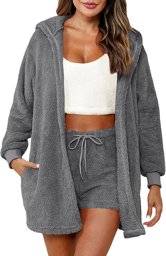 Sexy Fuzzy 3 Piece Pajamas Lounge Sets for Womens Cozy 3-piece Fluffy Fleece Cardigan Robe Crop Top Shorts Warm PJ Set