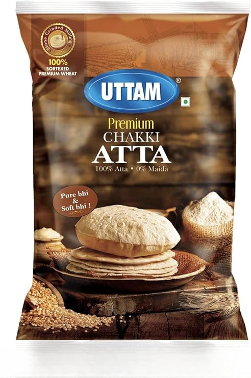 Uttam Chakki Atta 5kg – Whole Wheat Flour | Stone Ground Atta for Roti, Chapati & Paratha | Indian Wheat Flour | Vegetarian Pantry Staple (Pack of 1)
