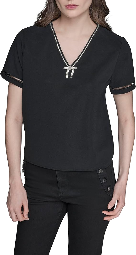 Karl Lagerfeld Women's Short Sleeve Rhinestone Bow Bling Blouse