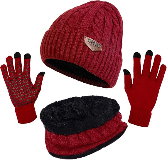 Loritta Winter Hats for Men, 3 PCS Fleece Beanie Scarf Gloves Set