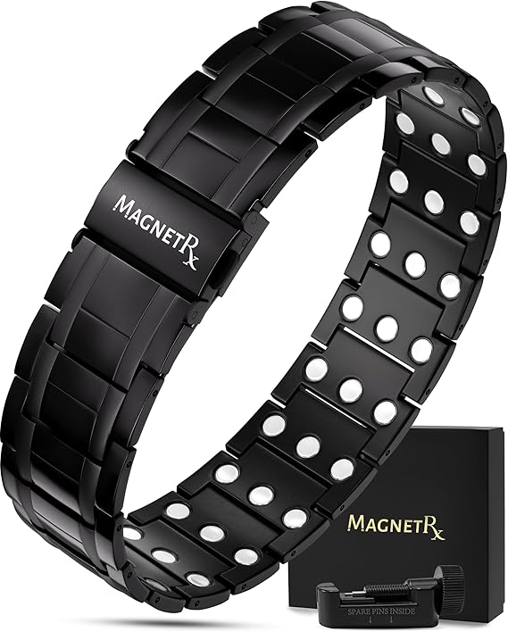 MagnetRX 3X Strength Magnetic Bracelets for Men Effective Titanium Mens Magnetic Bracelet Premium Foldover Clasp & Adjustable Length with Sizing Tool & Gift Box (Black)