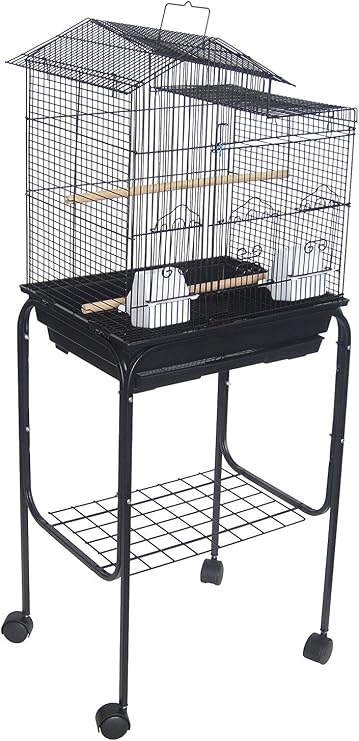 YML 5894 3/8" Bar Spacing Villa Top Bird Cage with Stand, 18" x 14"/Small, Black