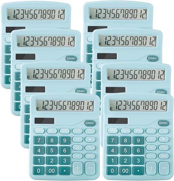12-Digit Calculator, 8 Pack, Blue | Desktop Calculators with Big Buttons and Large Display, Office Calculators Desktop, Solar Battery Dual Power
