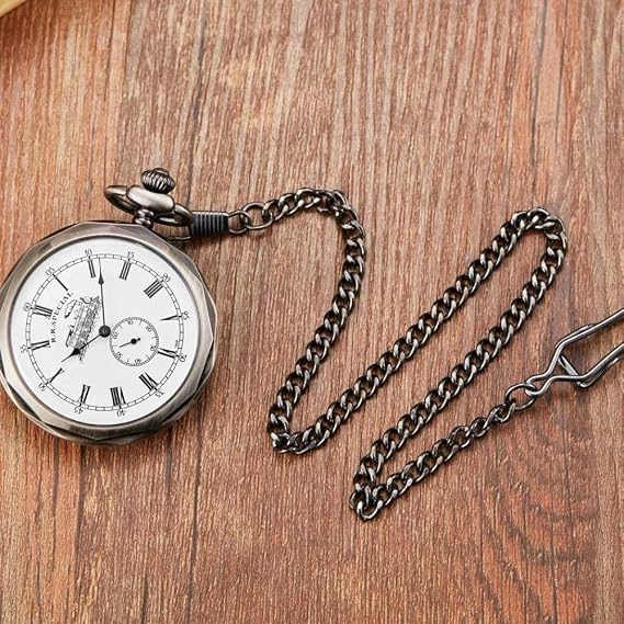 Antique Silver London Pocket Watch Hand Wind Skeleton Mens Womens Mechanical Pocket Watch with Pendant Chain Necklace