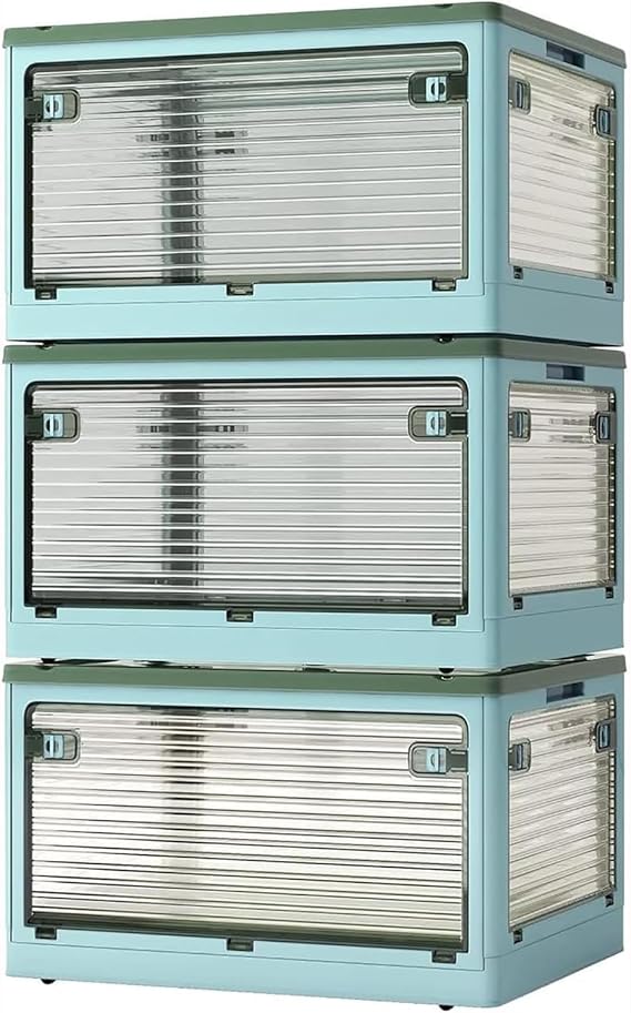 3 Pack Storage Boxes with Lids 84L Plastic Boxes with Wheels Foldable Boxes Storage Transparent Storage Boxes with Five Doors Stacking Boxes Storage Boxes Blue (60 x 42 x 100 cm)