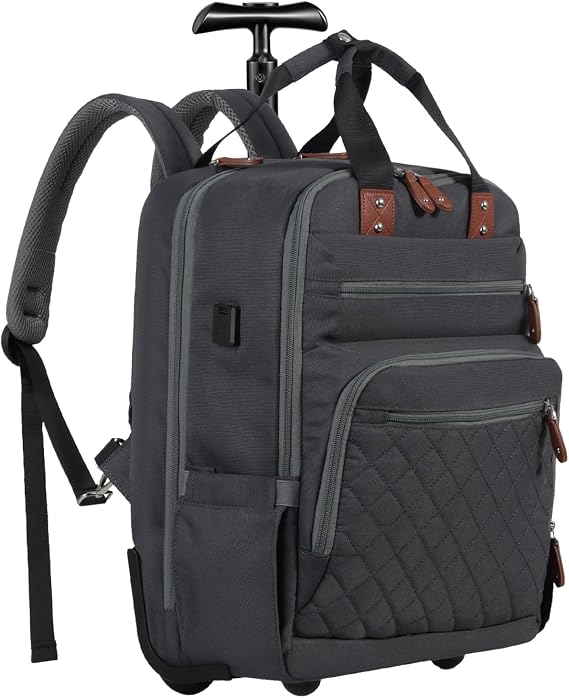 Rolling Backpack, Carry On Luggage Travel Backpack with Wheels, Flight Approved Anti Theft Rolling Bookbag Fits 15.7" Laptop, Rolling Backpack Bag with USB Port for Men Women, Grey