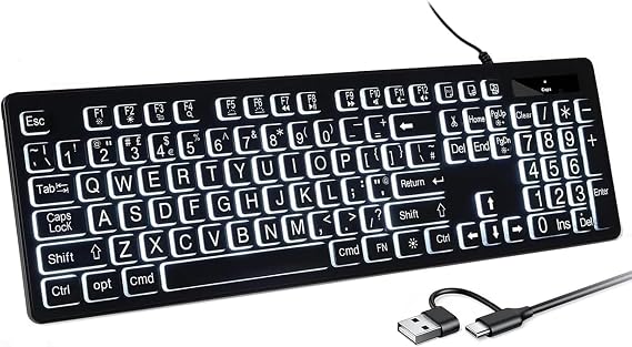 Large Print White Illuminated LED Backlit Keyboard for Mac, Full Size Computer Keyboards with Numeric Keypad Compatible with Apple Mac Pro/Mini, MacBook Pro/Air, iMac (Black, Large)