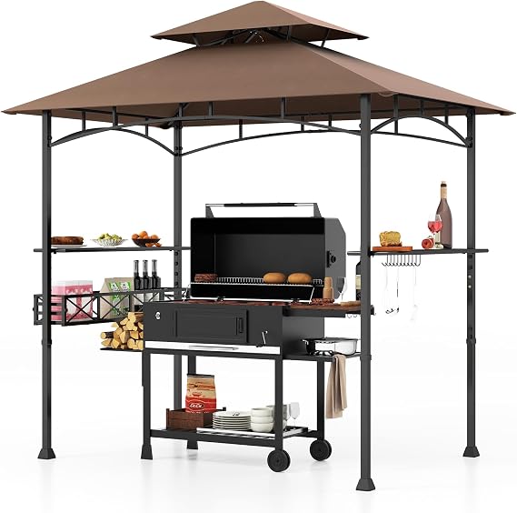 HAPPYGRILL 8 x 5 FT BBQ Grill Gazebo with 2 Side Shelves & Storage Basket | Storage Basket, Hanging Hooks, Bottle Opener, Outdoor Barbecue Canopy, Grilling Shelter for Patio Garden Yard, Coffee