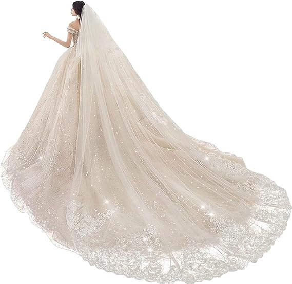 Wedding Veils Cathedral Length 2 Tier Long Sequins Lace Edge Blusher with Comb