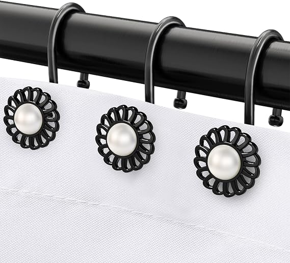 Black Sunflower Shower Curtain Rings and Hooks, Set of 12 Metal Rings and Hooks, Floral Pearl Finish, Matte Black | Pearl inlaid sunflower, zinc alloy, rustproof, anti-fall S-shape, smooth glide, easy install, fits curtain & liner