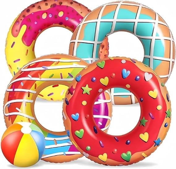 LATERN 5Pcs Donut Inflatable Pool Floats, 4Pcs 75CM Doughnut Swimming Rings with 35CM Beach Balls - Inflatable Tubes Floaties Toys for Kids Adults Beach Swimming Pool Party