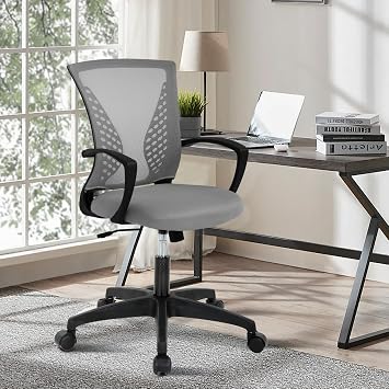 Mesh Office Chair with Wheels, Mid-Back Ergonomic Desk Chair with Arms & Lumbar Support, Comfortable Computer Chair Office Chairs Teacher Chair for Home, Study, Bedroom, Stable Plastic Base, Grey