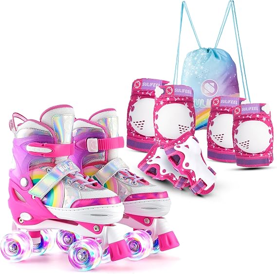 SULIFEEL Rainbow Unicorn Roller Skates for Kids with Adjustable Protective Gear Set Rose Pink Small