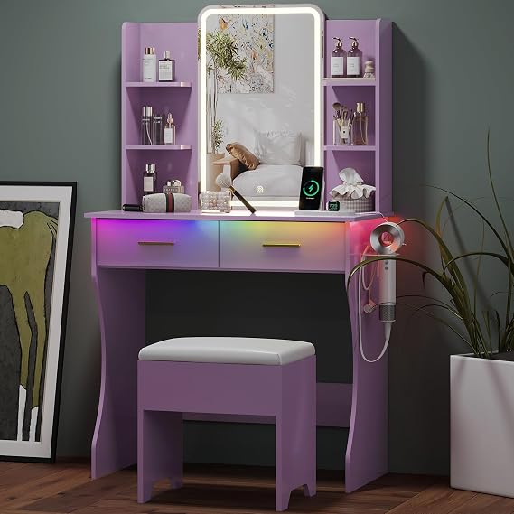 Small Vanity Desk with Mirror and Lights, Makeup Vanity with LED Lights, Purple Vanity Mirror with Lighted Desk and Chair, 3 Lighting Adjustable Compact Dressing Table with Mirror for Women, Girls