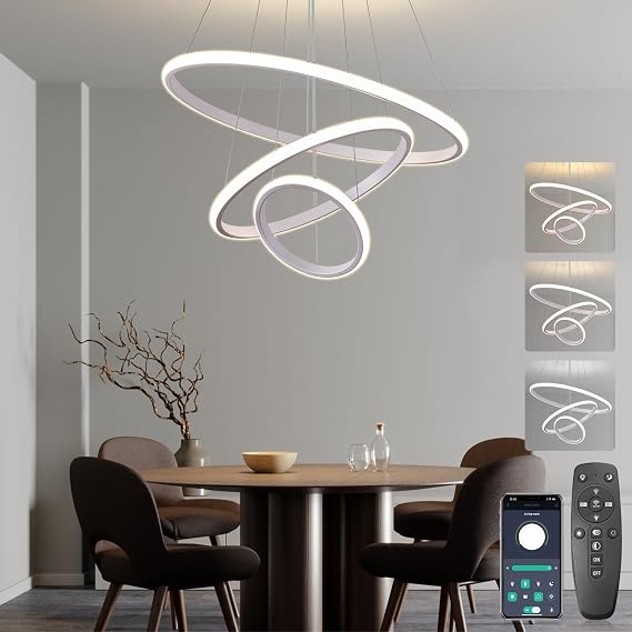 Pendant Light Dining Table Dining Table Lamp 50 cm Height Adjustable Dining Room Lamps 45 W 3-Bulb Pendant Light Dimmable with Remote Control LED Pendant Lamp Living Room Dining Room Kitchen Bar Lights (White)