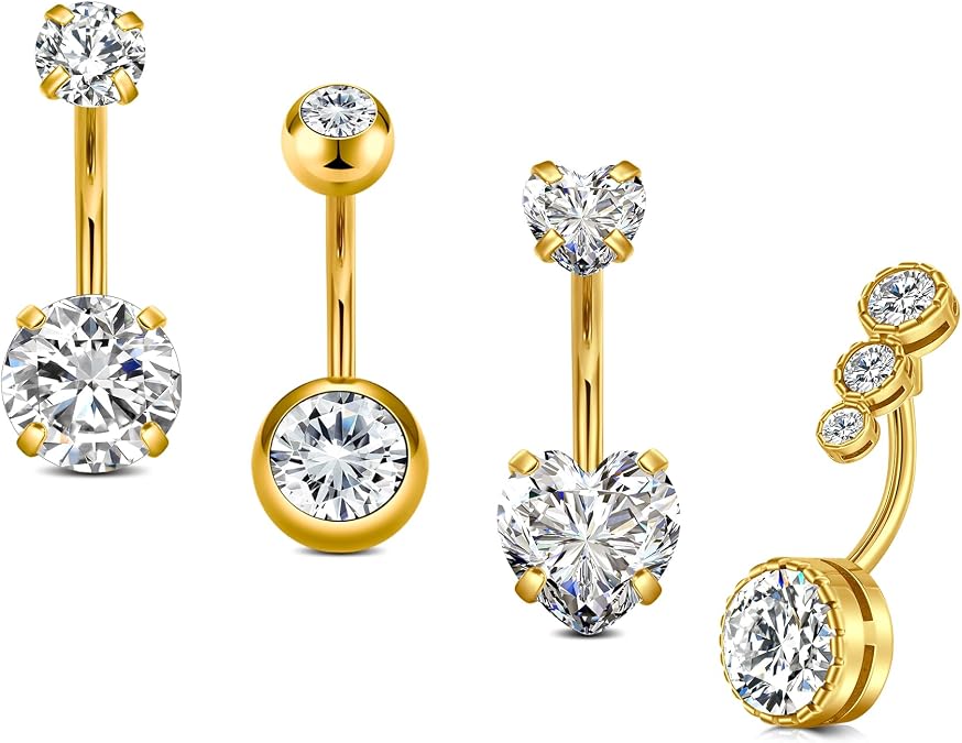 14G Stainless Steel Belly Button Rins, Heart CZ Belly Barbell Piercings, Cute Navel Piercing Jewelry For Women