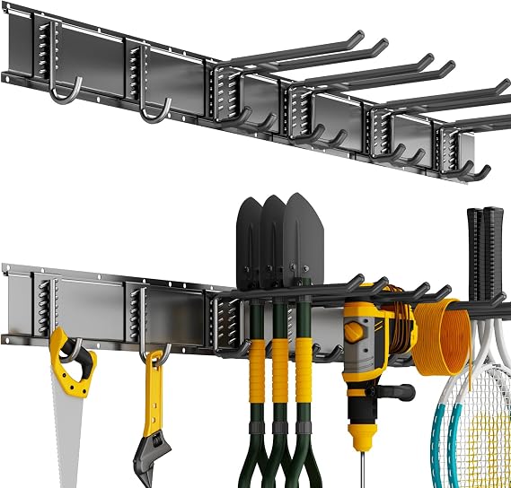 Garage Tool Organizer Wall Mount, 32 Inch Heavy Duty Garden Tool Organizer Storage System, Easy Install with 6 Adjustable Straight Hooks, for Garage, Basement, Shed, Workshop, Black, Steel