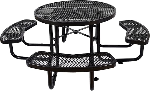46" Round All Metal Picnic Table for 4-8 Person, Durable Heavy Duty Commercial Picnic Table with Umbrella Hole for Outdoor Coffee Shop, School, Easy to Assemble, Black