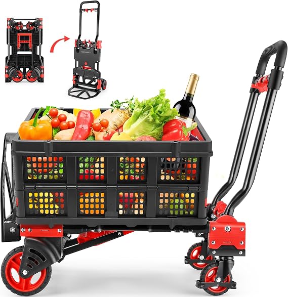 Folding Hand Truck Dolly,330lb Cart+1 Folding Basket,4 to2 Wheel Moving Red | Dolly Cart with Retractable, Aluminum Alloy & Cast Iron Build, Nylon Wheels,Compact Fold,for Moving,Office,Delivery,Outdoor