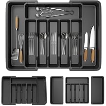 Kitchen Cutlery Drawer Organiser, 33-57CM Adjustable Cutlery Tray, Expandable Utensil Tray and Flatware Holder, Compact PP Storage Insert for Spoons Forks Knives, 8 Compartment, Black