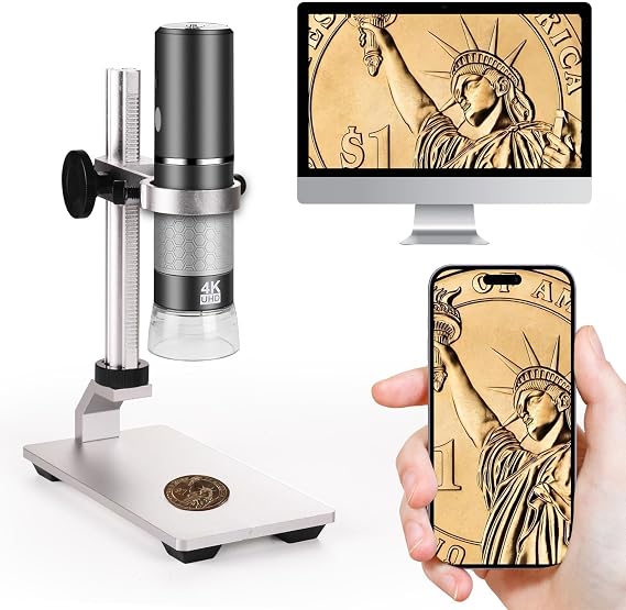 4K Microscope with Metal Pro Stand, Digital Microscope Camera 3840x2160 Resolution, 50X-1000X Magnification USB Microscope, Compatible with iPhone/iPad Mac Windows PC