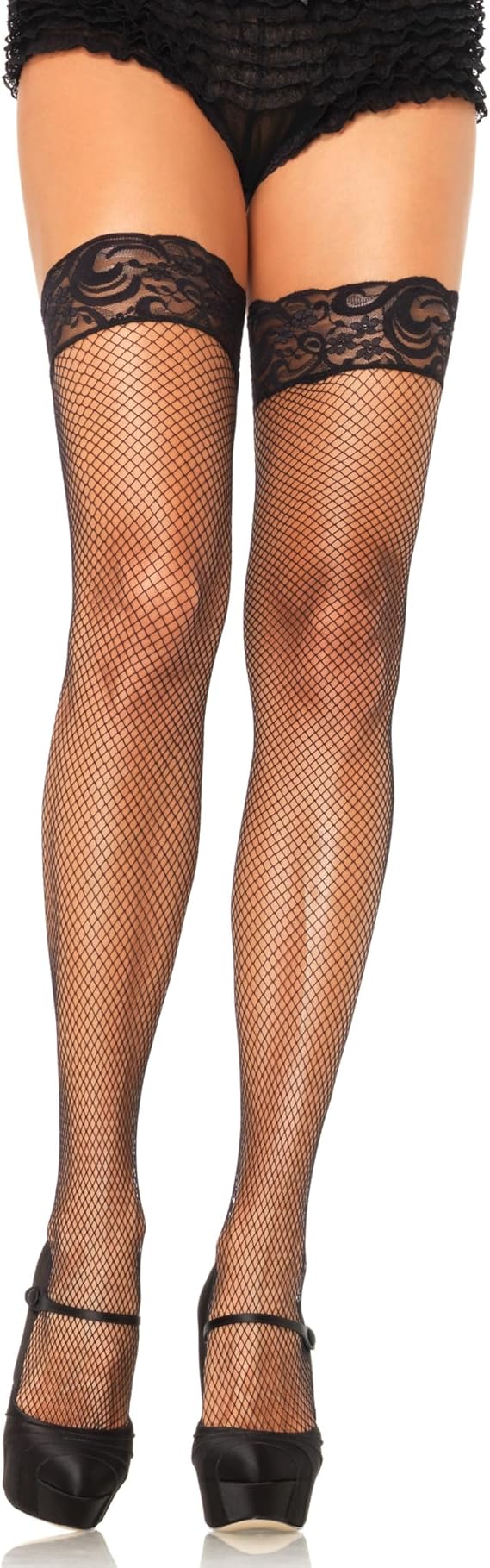 Leg Avenue Women's Spandex Fishnet Thigh Highs with Silicone Stay-Up Lace Top