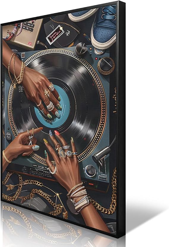 Black Girl Canvas Wall Art, African American Woman Poster, Trendy Music Record Player Painting, Fashion DJ Girl Y2K Aesthetic Poster for Bedroom, Funky Song Lover Print Gift 8x12in Unframed