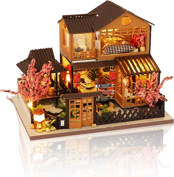 Cuteefun Japanese Izakaya Miniature House Kit, Dollhouse with LED Light | 3D Wooden Puzzle, Handmade Craft, Exquisite Home Decor, Creative Gift for Christmas Birthday (Cherry Blossom Courtyard)