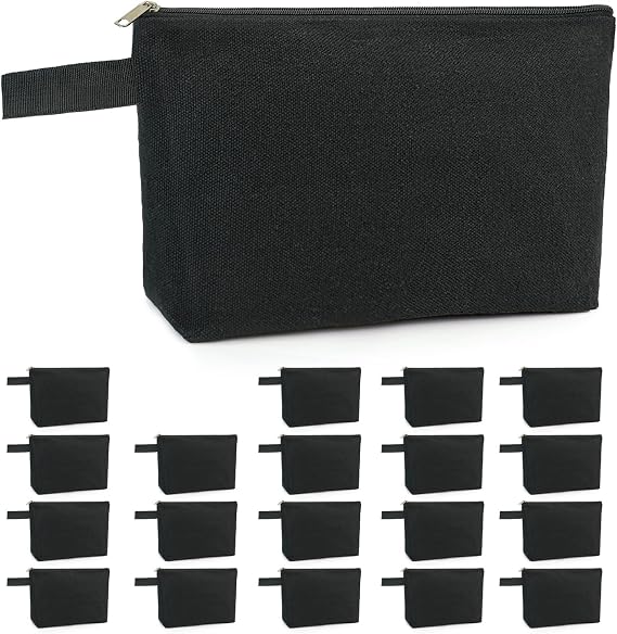 Koolmox 20 Pcs Canvas Pouches with Zipper and Wide Bottom, Plain Cotton Canvas Make Up Bags Multi-purpose for Pen Bag Stationery Bag DIY Cricut Projects Pouch Cosmetic Case (Black, M, 10.2x5.5x2.1'')