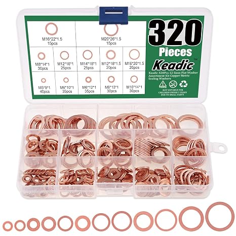 Keadic 320Pcs Copper Washers, 12 Sizes Copper Crush Washer, Coppers Sealing Washers Flat Ring Sump Plug Oil Seal Gasket Flat Washers Assortment Kit for Automotive M6 M8 M10 M12 M14 M16 M18 M20