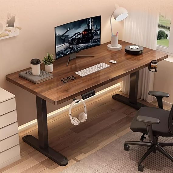 Electric Standing Desk,Wooden Ergonomic Home Office Furniture,100 * 60Cm Height Adjustable Table,with Memory Smart Presets & Anti-Collision Function (Walnut)