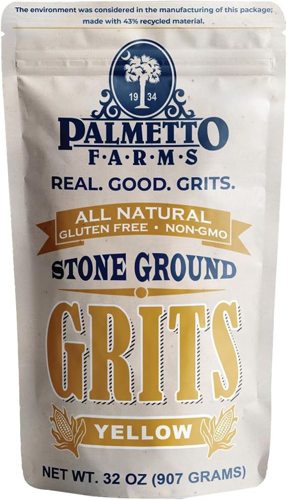 Palmetto Farms Yellow Stone Ground Grits 2 LB - Non-GMO - Just All Natural Corn, No Additives - Naturally Gluten Free, Produced in a Wheat free facility - Grinding Grits Since 1934 by Palmetto Farms