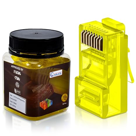 Cat6 RJ45 Connector Ends (50 Pack) Unshielded Gold-Plated Modular Plugs for Cat6/Cat5e Ethernet Cable | Crimp Connectors for Solid & Stranded UTP Network Cable (Yellow)