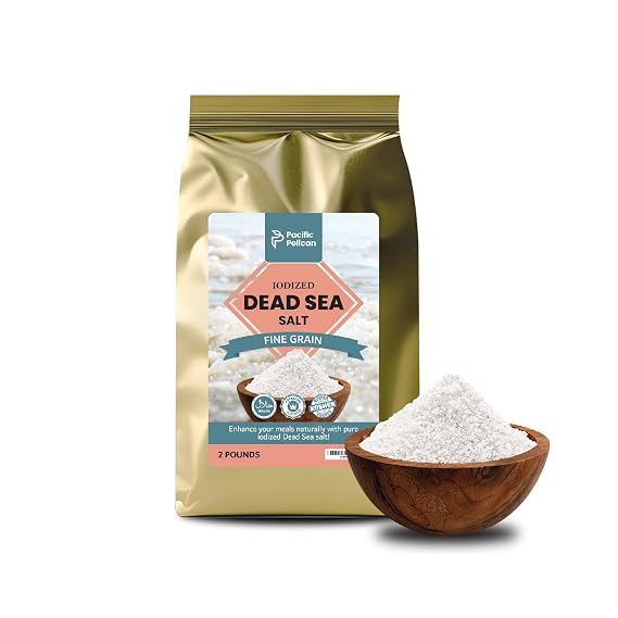 Pacific Pelican Iodized Dead Sea Salt 2 Pounds Fine Grain Unrefined Kosher, Natural Iodized, Ideal for Paleo, Keto, Vegan Diets - Pure Sea Salt for Cooking, Seasoning & Wellness