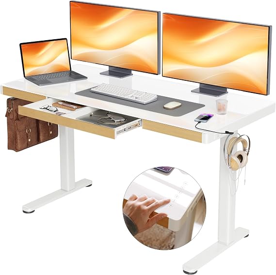 Claiks Touch Screen Glass Standing Desk with Drawers and USB Ports, 5524 Inch Adjustable Stand Up Desk, Quick Install Home Office Glass Top Computer Desks, White