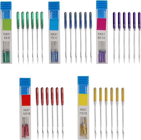 30 Pcs Universal Sewing Machine Needles – Regular Point, 5 Color-Coded Sizes (65/9 75/11 90/14 100/16 110/18), Ideal for All Fabrics & Home Sewing Projects