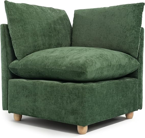 Corner Seat for Sectional Sofa, Cloud Couch Corner Module in Chenille with Solid Wood Legs, Small Corner Couch with 2 Throw Pillows, Modular Sectional Corner Seat for Living Room (Green)