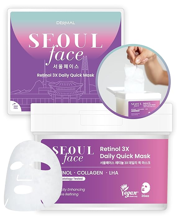 DERMAL Korean Retinol + LHA 5-Minute Daily Sheet Mask Dispenser, 36 Count