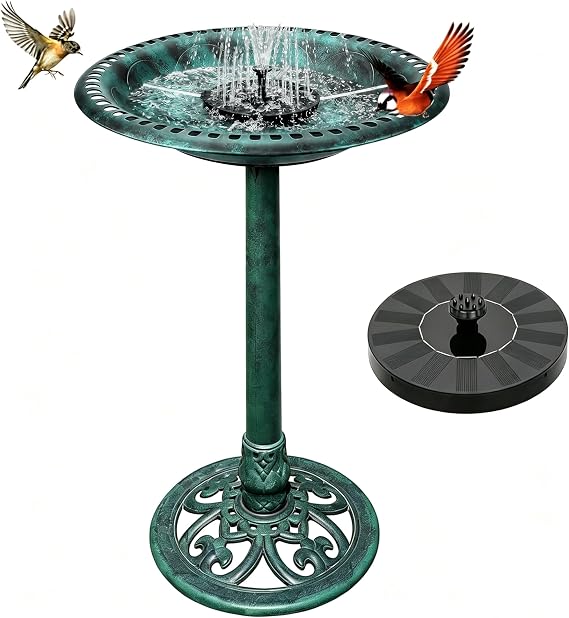 Bird Bath with Solar Fountain Tall Set - Large Resin Bird Bath for Outdoors Garden Decor - Heavy Duty Bird Baths for Clearance Made in USA - Perfect Addition to Your Backyard(Green)