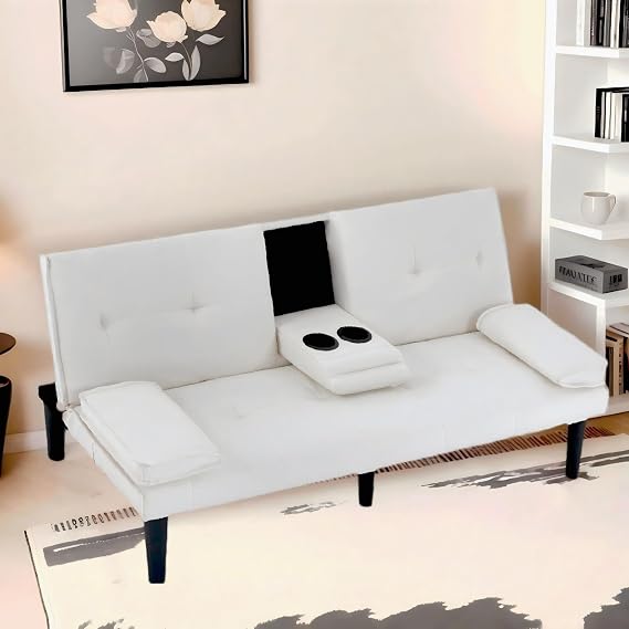 67"Modern Futon Sofa Bed,Convertible 3 in 1 Sleeper Bed Couches with Adjustable Backrest,Cup Holders,Comfy PU Leather Recliner Sofa Loveseat with Chrome Legs for Small Home Living Room (Beige)