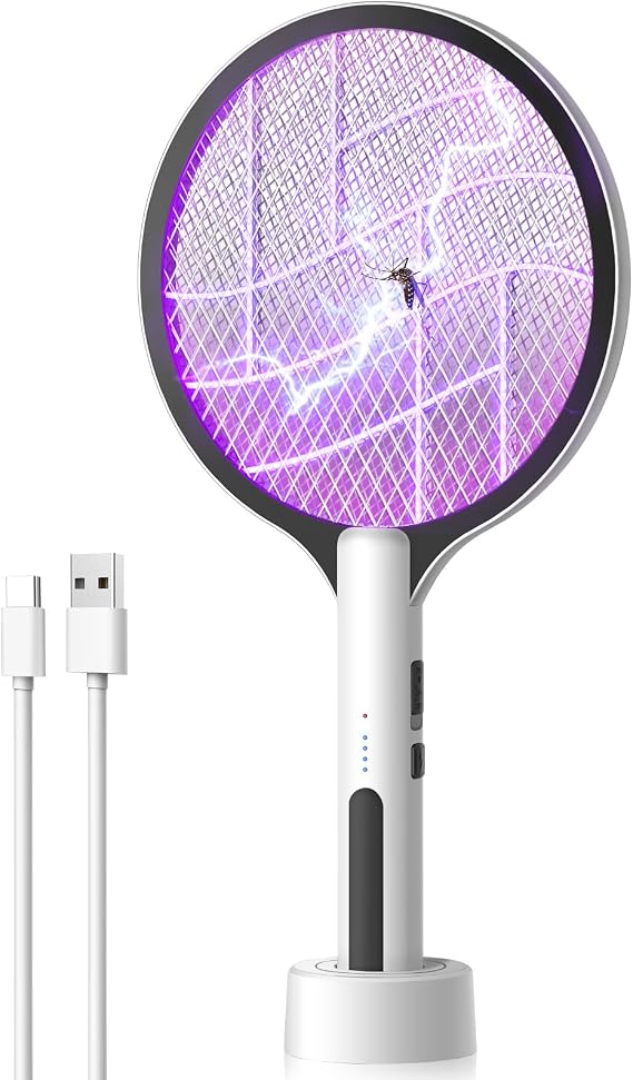 Electric Fly Swatter 4500V Bug Zapper Racket, 2 in 1 Handheld Fly Zapper & Purple Mosquito Killer Rechargeable and 3-Layer Safety for Indoor Home Office Backyard Patio Camping