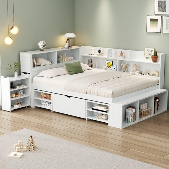 4ft6 Double Bed Frame with Drawers&Bookcase&Cabinet, Multifunctional Platform Bed with Large Sorage Space&Wooden Slats, Space Saving Wooden Beds Guest Beds for Adults Kids Teenagers, White, 135x190cm