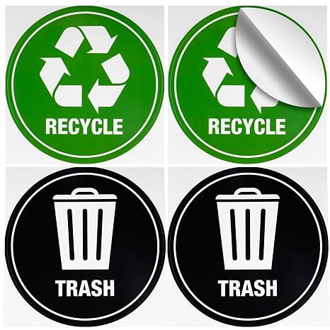 GSM Brands Recycle Trash Labels Pack of 4 Stickers, Large Vinyl Decals for Can Featuring Recycling Symbol and Trash Icon