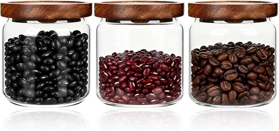 500ml Glass Storage Jars with Airtight Wood Lids Stackable Fluted Food Containers for Pasta Coffee Beans Grains Flour Clear Food Storage Canister for Home & Kitchen,Set of 3