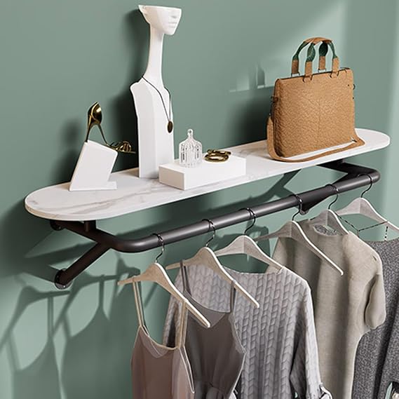 Wall Mounted Clothes Rack with Top Shelf Clothing Rack, with Hanging Rod, Loads up to 132 lb, Entryway, Bedroom, Closet,Garment Rack Clothes Racks Floating Shelf Retail Display Organizer Hanger Metal(