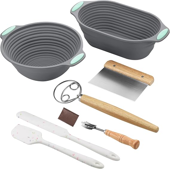 Foldable Sourdough Starter Kit, Silicone Bread Proofing Basket, 10 Inch Bread Making Accessories with Danish Dough Whisk, Bowl Scraper, Bread Lame