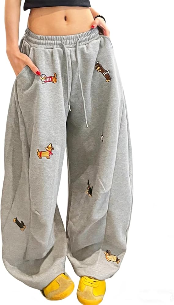 FCOOLYEET Womens Baggy Sweatpants Y2k Embroidery Puppy Cute Sweat Pants Elastic Drawstring Wide Leg Pants Trouser