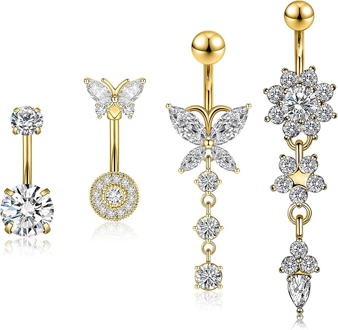 4PCS Belly Button Ring 14G 1.6MM Stainless Steel Dangle Belly Rings Clicker Belly Piercing Navel Rings for Women